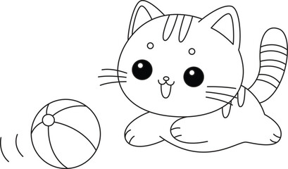 The cat is chasing the yarn coloring page. Cat character vector Illustration