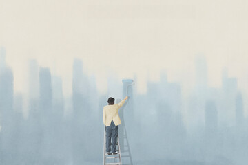 Illustration of man painting wall with blue color, new business restoring surreal concept - 751310040