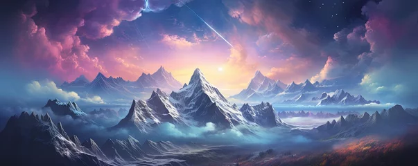 Photo sur Plexiglas Europe du nord The majestic mountains stood tall against the vibrant sky, as the distant planet beckoned with its unknown allure, a landscape that evoked a sense of wonder and adventure