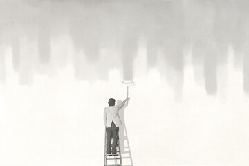 Illustration of man painting a wall on the top of stair, new life surreal concept - 751310224
