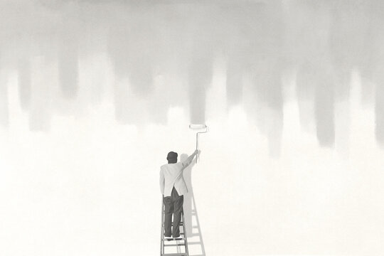 Illustration of man painting a wall on the top of stair, new life surreal concept