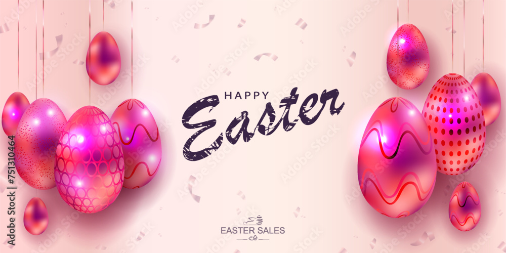 Wall mural easter light design with red shiny eggs with a pattern on pendants.