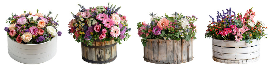 Round wooden flower boxes isolated on white or transparent background generative 