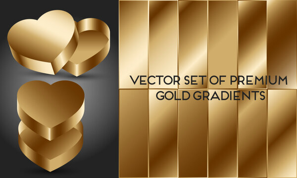 Vector set of premium gold gradients. Art design collection of luxury palette. Various combination of colors swatch for your template. EPS 10