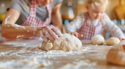 Close-up of family of grandparents and kids cooking food. grandmother teaches her granddaughter how to knead dough for homemade bread - obrazy, fototapety, plakaty