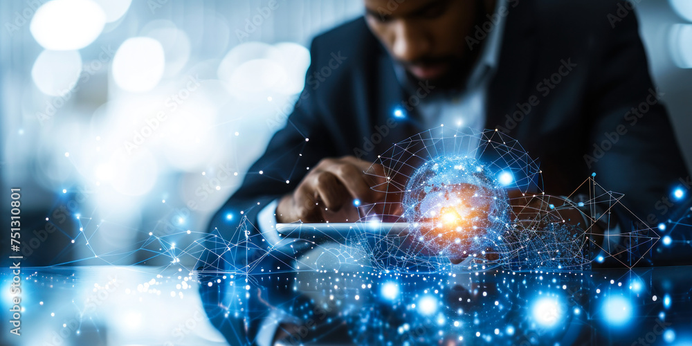 Poster Business professional analyzing global networks and data connections with a dynamic interface on a digital tablet in a modern corporate environment