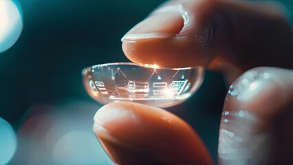Macro fingers holding a contact lens that has a built in heads up LED display for augmented reality