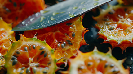 Close up of kiwano fruit slices with knife.