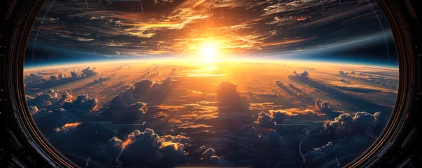 Foto op Plexiglas A breathtaking view of Earth's horizon at sunrise, as seen from the window of a spacecraft, symbolizing exploration, space travel, and the future © Bartek