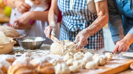 Close-up of family of grandparents and kids cooking food. grandmother teaches her granddaughter how to knead dough for homemade bread