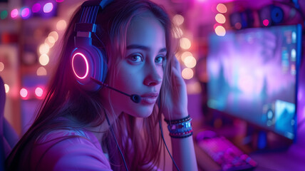 Young Streamer Woman In Gaming Room Studio. Pro gamer playing online video games and streaming during tournament.