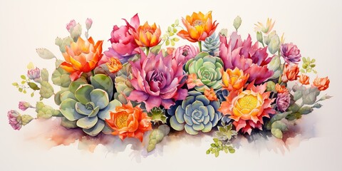 This captivating watercolor painting of intertwined flowers and cactus blooms with color and life,...