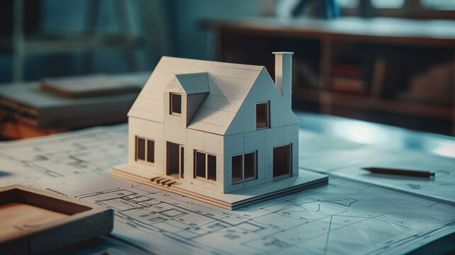 A house model placed on a blueprint on a work desk, symbolizing architectural planning and design in the construction or real estate industry.