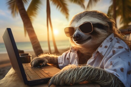 Sloth freelancer beach. Working mammal. Generate Ai