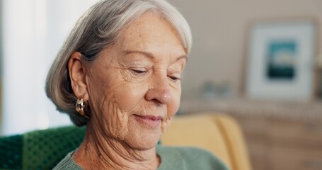 Face, memory or nostalgia with elderly woman on sofa of living room in home to relax for retirement. Peace, thinking or wellness with senior person closeup in apartment for break, rest or time off