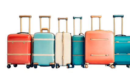 Isolated plastic luggage on a plain white backdrop. Represents a travel concept with ample copy space. A premium PNG for mockups and layout design.

