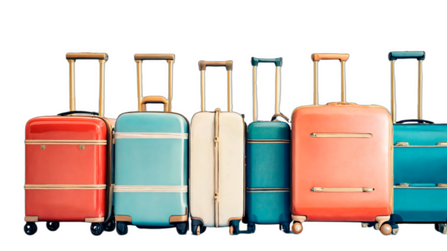 Isolated plastic luggage on a plain white backdrop. Represents a travel concept with ample copy space. A premium PNG for mockups and layout design.

