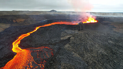 Aerial Panoramic view of Volcano Eruption, Fagradalsfjall Volcano System in Iceland. Reykjanes...