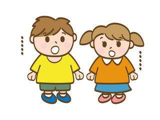 ポカーンと呆れて言葉も出ない男の子と女の子の全身イラスト_小学生低学年_幼児