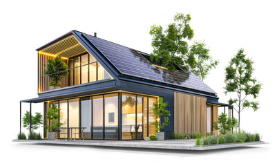 Modern house with solar panels isolated from the white background - obrazy, fototapety, plakaty