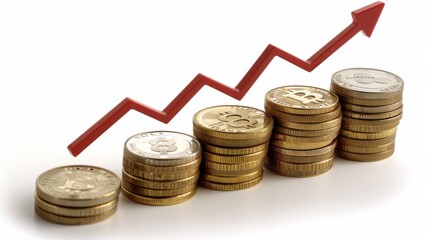 A stack of coins with an upward arrow symbolizing growth and prosperity, in a business setting. The image captures the essence of financial success and investment opportunities 