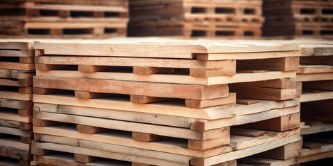 Stack of wooden pallet. Industrial wood pallet at factory warehouse. Cargo and shipping. Sustainability of supply chains. Eco-friendly and sustainable properties - obrazy, fototapety, plakaty