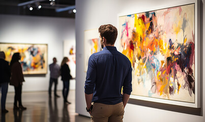 Fototapeta premium Contemplative Man Viewing Abstract Artwork in Gallery, Engaging with Modern Painting at Art Exhibition, Cultural Appreciation