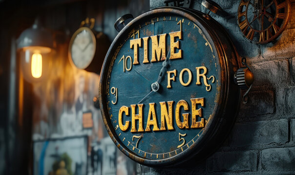 3D conceptual image depicting a clock with words TIME FOR CHANGE indicating it's a critical moment for transformation, improvement, and new beginnings