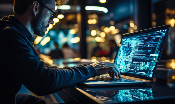 Focused coder typing on laptop with programming code overlay, in a high tech office environment, concept of software development and cybersecurity