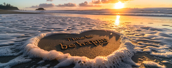 Inspirational message Time to be happy handwritten in the sand on a beautiful beach with waves approaching, symbolizing peace, relaxation, and seizing the moment