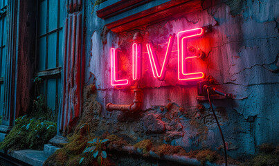 Red LIVE neon sign glowing brightly against a rough, dark, textured wall, symbolizing instant broadcasting or real time media streaming