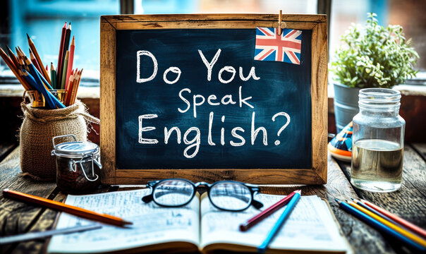 Vintage chalkboard with Do You Speak English? question, British flag, and pencils on rustic wooden backdrop, representing language learning and cultural communication
