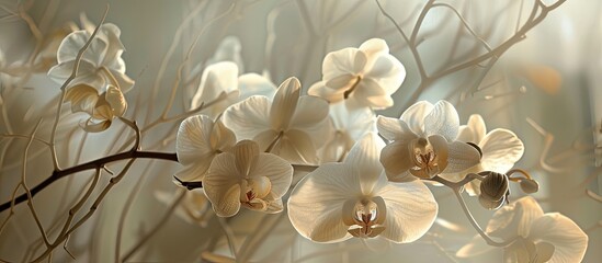 An arrangement of wild orchids clustered together on a branch, showcasing their vibrant colors and delicate petals. The flowers are naturally flourishing in their untamed environment.