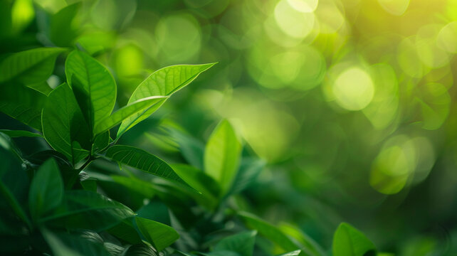 A green leaf in nature with a blurred greenery background, showcasing the beautiful texture of the leaf illuminated by sunlight.