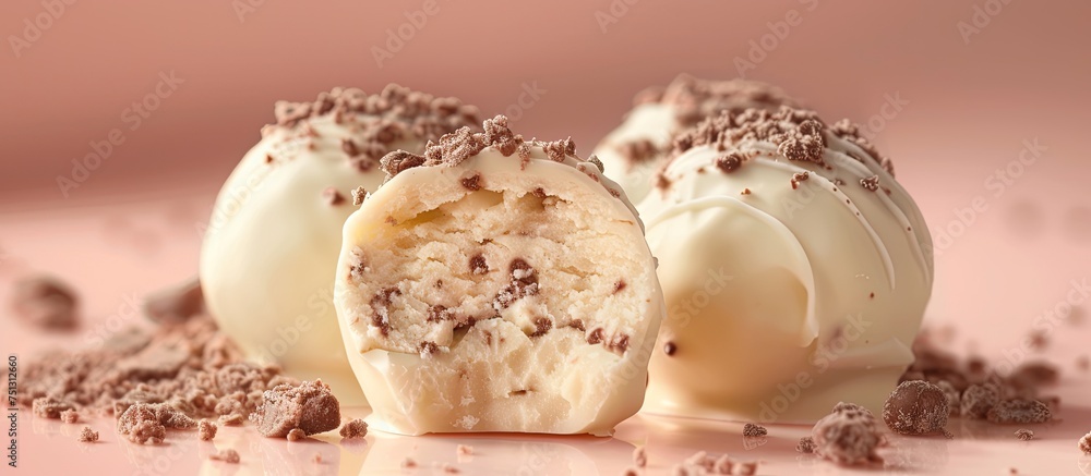Poster the close-up shot focuses on three desserts placed on a table. each dessert is uniquely displayed, s