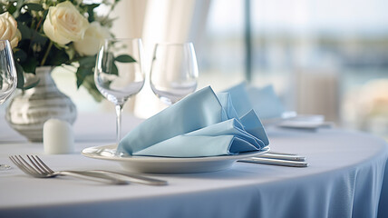 table setting in the restaurant interior light blue tones mediterranean style - obrazy, fototapety, plakaty