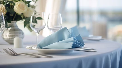Poster Im Rahmen table setting in the restaurant interior light blue tones mediterranean style © kichigin19