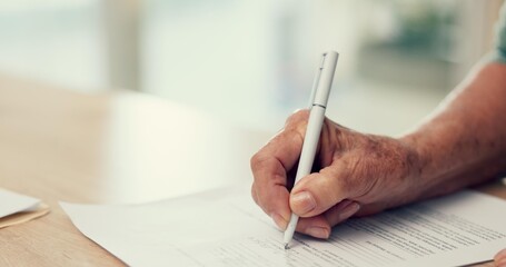 Hands, writing or person with contract to sign on application or document for will, life insurance...