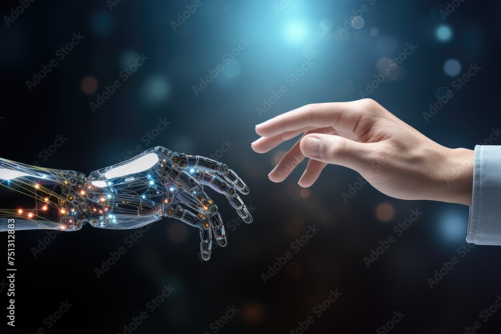 Aufkleber hands of human and artificial intelligence technology touching for big data network exchange.