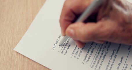 Hands, writing or old person with will, contract or application or document for insurance and title...