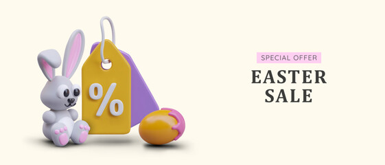 Easter sale, special offer. Spring seasonal holiday event. Bunny, percent tag, painted egg