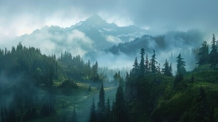 Foggy mountain and forest scenery.