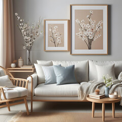 Interior of living room with white sofa, armchair, coffee table and flowers. 3d render Generative AI