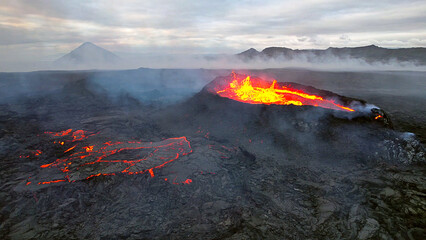 Aerial Panoramic view of Volcano Eruption, Fagradalsfjall Volcano System in Iceland. Reykjanes...