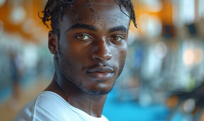 close-up photo of a young African-American man doing sports on a treadmill in a modern fitness center in a white T-shirt  - obrazy, fototapety, plakaty
