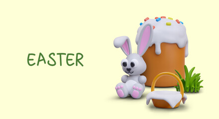 Cute Easter concept on yellow background. Easter basket, bunny, basket, green grass