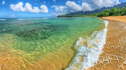 Obraz premium Stunning morning panoramic view with beach under a clear sky. perfect wallpaper for a calming nature scene