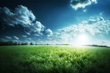 Fototapeta na wymiar Landscape, meadow with green grass, sky with clouds, sun. 