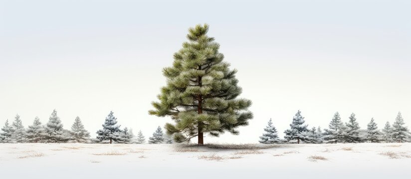 A drawing of a tall pine tree covered in snow, standing alone in a winter forest. The tree is decorated with ornaments, and the scene is serene and isolated.