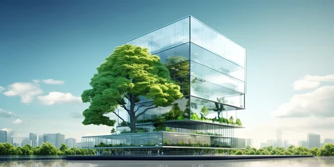 Deurstickers Sustainble green building. Eco-friendly building. Sustainable glass office building with tree for reducing carbon dioxide. Office with green environment © Coosh448